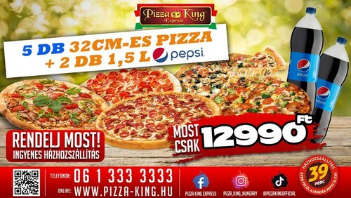 Pizza King 3 - 5 db normál pizza 2db 1,5l Pepsivel - Szuper ajánlat - Online rendelés